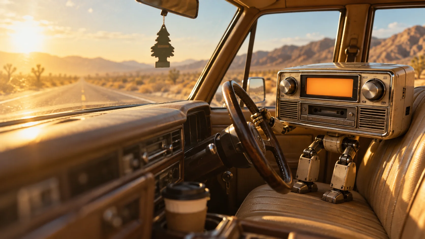 The driver at the wheel of an old sedan, golden desert highway ahead.
